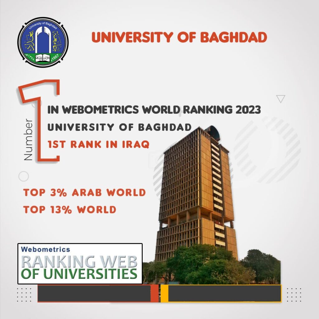 تصدرت جامعة بغداد الجامعات العراقية في تصنيف Webometrics حيث جائت بالمركز الاول عراقيا بين 122 جامعة عراقية